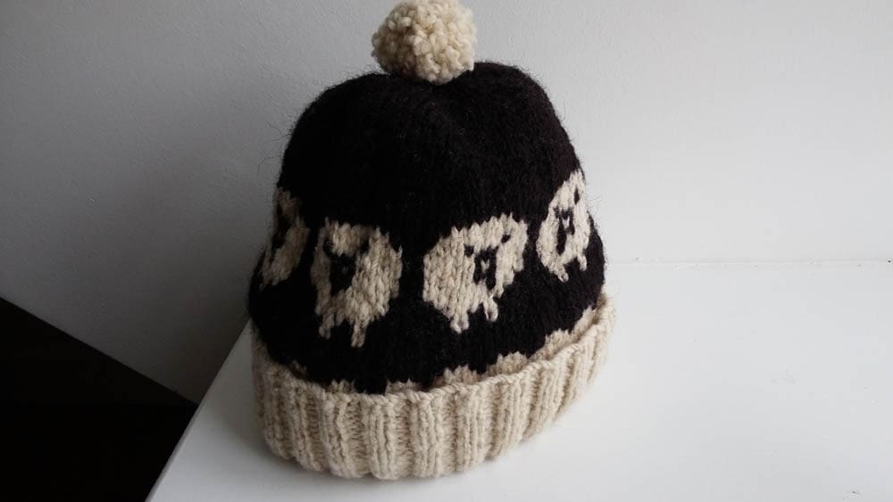 Hebridean and Shetland woolly hat with sheep motif
